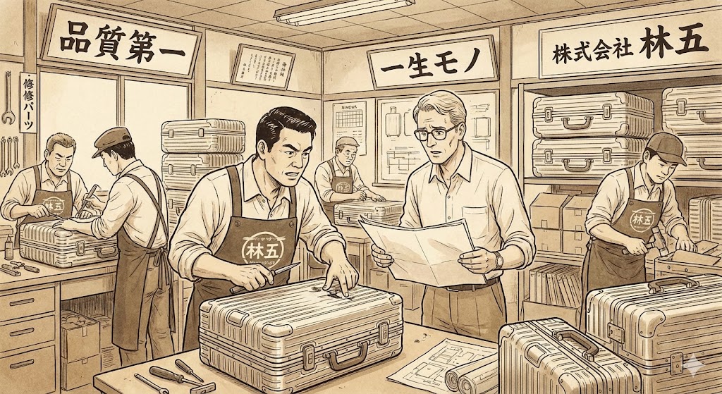 1970年代、RIMOWAの日本総代理店であった株式会社林五の工房を描いたレトロな漫画風イラスト。『林五』のエプロンをした日本の職人が、ドイツ人の技術者にスーツケースの細かな不具合を指摘している。『品質第一』『一生モノ』『株式会社 林五』と書かれた看板が掲げられ、妥協なき品質追求の姿勢が表現されている。