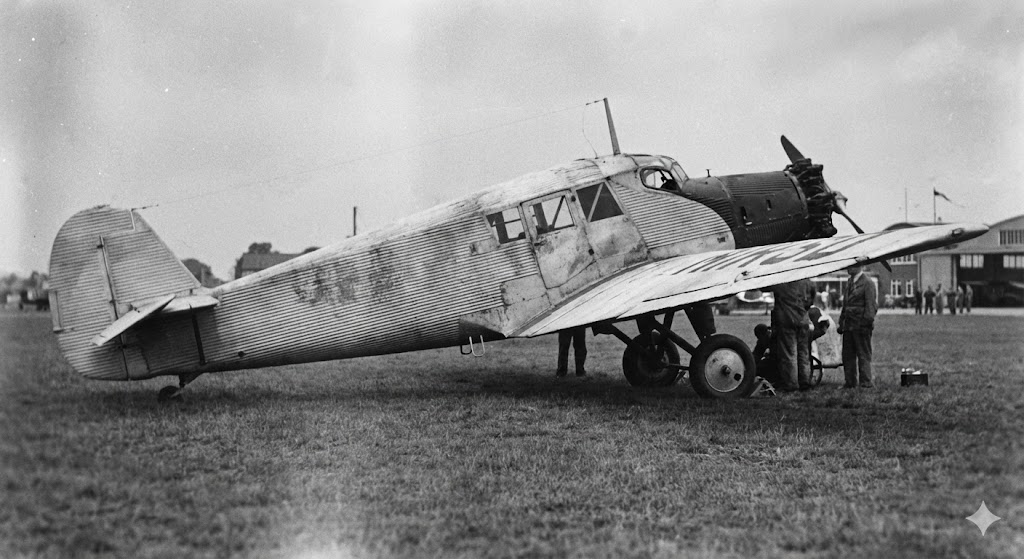 1950年代の飛行場に駐機するユンカース F.13 輸送機のヴィンテージ白黒写真。RIMOWAのグルーヴデザインの着想源となった、波板状（コルゲート）の金属外板が特徴的に写っている。