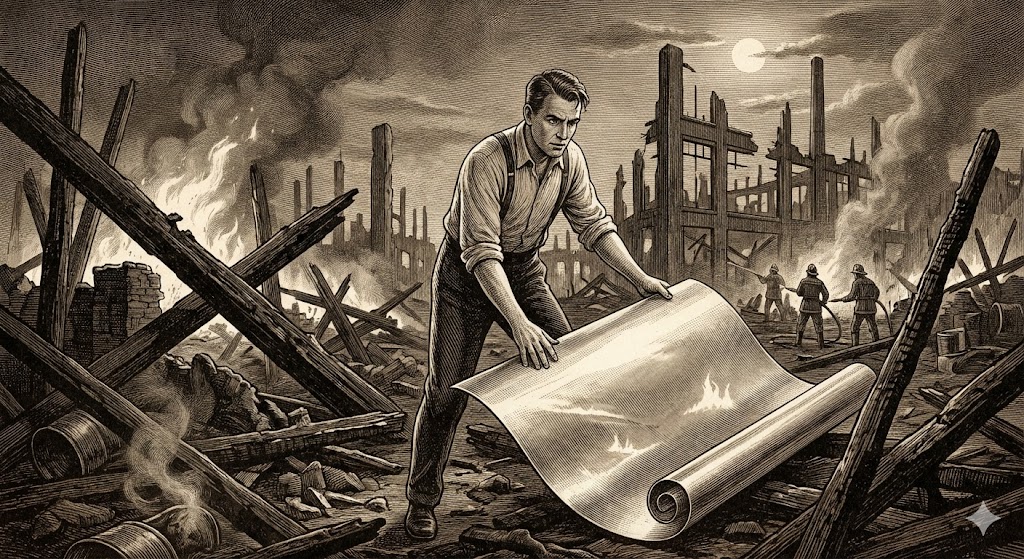 1937年のRIMOWA工場火災の跡地で、焼け残ったアルミニウムのロールを抱えるリチャード・モルシェックを描いた版画風のレトロなイラスト。月明かりの下、煙が燻る瓦礫の中で、彼が新たな素材の可能性を見出した瞬間が劇的に表現されている。