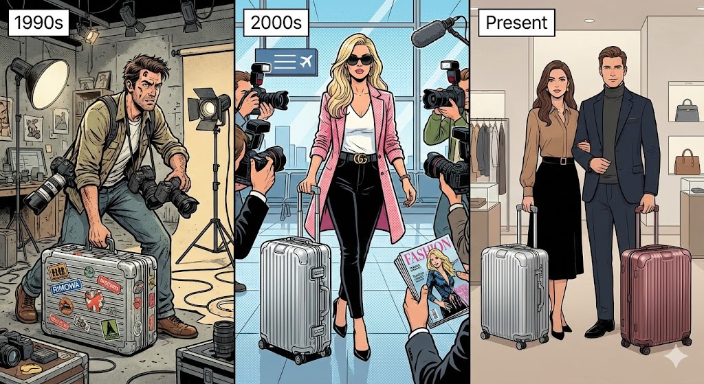 RIMOWAのブランドイメージの変遷を描いた3コマ漫画風イラスト。左コマ（1990年代）は作業場でカメラマンがステッカーだらけの無骨なアルミケースを機材入れとして使用。中央コマ（2000年代）は空港でパパラッチに囲まれたセレブがファッションアイコンとしてシルバーのケースを使用。右コマ（現在）は高級ブティックで洗練されたカップルがラグジュアリーな最新モデルを持っている様子。