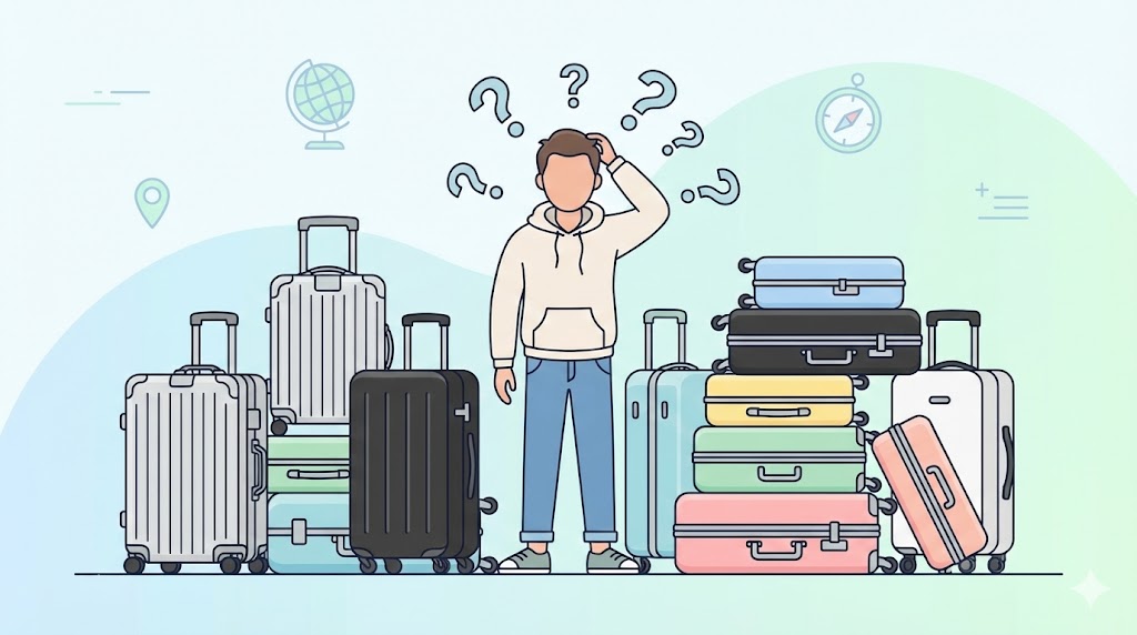 色や形の異なるたくさんのRIMOWAスーツケースに囲まれて、どれを選べばいいか頭を抱えて悩んでいる旅行者のイラスト。「種類が多すぎる」「違いがわからない」という購入前の悩みを表現。