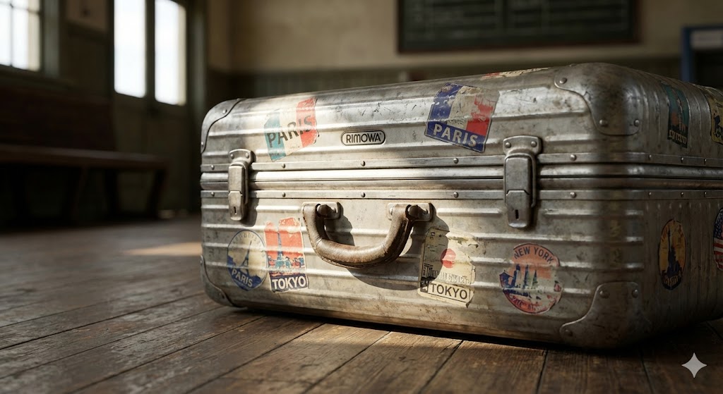 使い込まれて多数の傷や凹み、世界各国のステッカー（PARIS, TOKYO, NEW YORKなど）が貼られたヴィンテージのRIMOWAクラシックフライト・アルミニウム製スーツケース。古い木の床の上に置かれ、窓から温かい自然光が差し込んでいる。