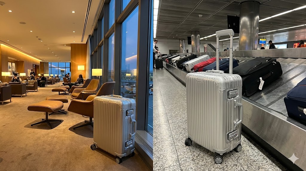 空港ラウンジの窓際(左)と、手荷物受取所のターンテーブル脇(右)にそれぞれ佇む、RIMOWA(リモワ)のシルバーアルミニウム製スーツケース「Original」。