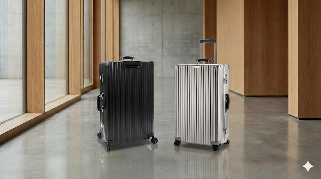 RIMOWA Classic（リモワ クラシック）スーツケースの2色比較画像。伝統的なシルバーと、モダンなマットブラックが並び、特徴的なレザーハンドルの質感が際立っている様子。