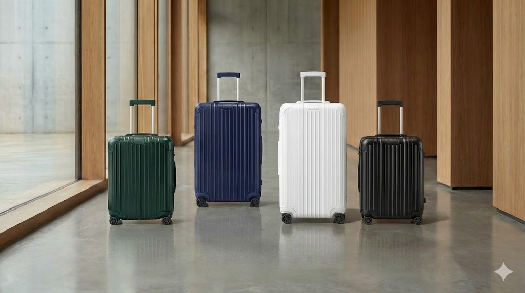 RIMOWA Essential（リモワ エッセンシャル）スーツケースのカラーラインナップ。グリーン、ブルー、ホワイト、ブラックの各色が並び、ポリカーボネート素材特有の発色の良さと光沢感が際立っている。