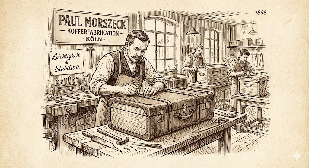1898年ドイツ・ケルンの工房で、RIMOWA創業者ポール・モルシェックが木製スーツケースを手作業で製作している様子を描いたレトロなイラスト。壁には『PAUL MORSZECK - KOFFERFABRIKATION - KÖLN』の看板と、『Leichtigkeit & Stabilität（軽量性と安定性）』の理念が掲げられている。
