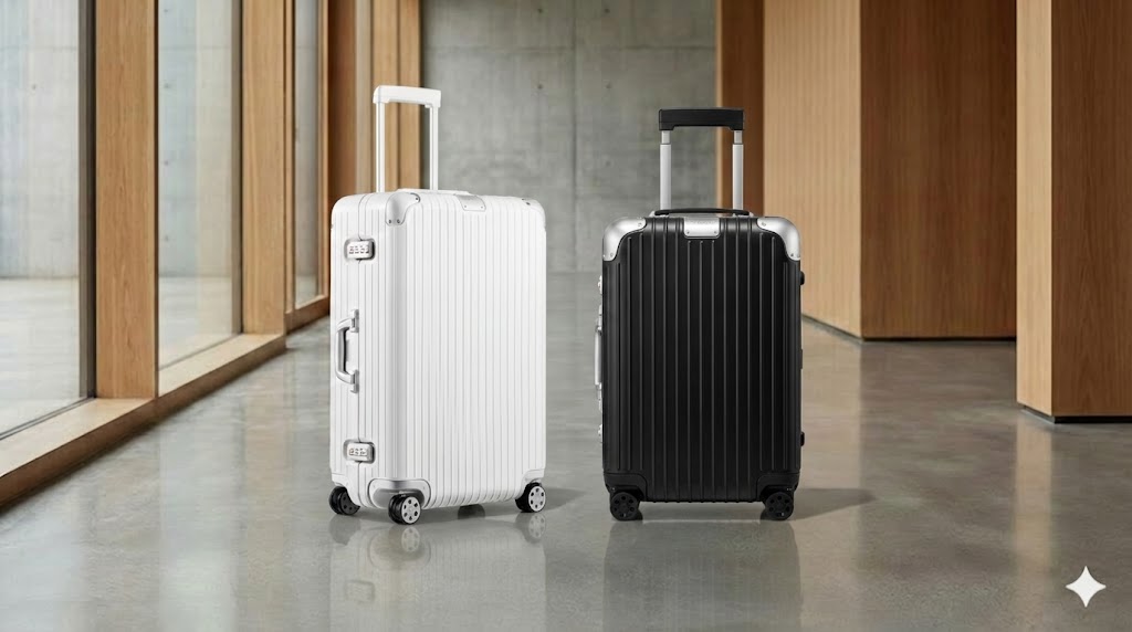 RIMOWA Hybrid（リモワ ハイブリッド）スーツケースのホワイトとブラックの比較画像。軽量なポリカーボネートボディの四隅が、堅牢なアルミニウムのコーナーガードで補強されているのが特徴。