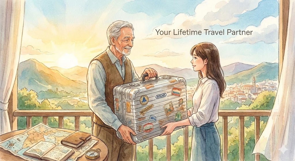 旅の思い出が詰まった、ステッカーだらけのヴィンテージRIMOWA（リモワ）アルミニウム製スーツケースを、穏やかな表情の老紳士が若い女性に手渡している水彩画風のイラスト。美しい朝焼け（または夕暮れ）の景色を背景に、空には『Your Lifetime Travel Partner』という文字が浮かび、世代を超えて受け継がれる旅の絆を象徴している。