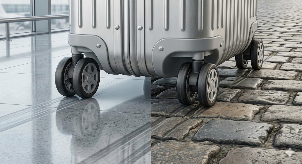 RIMOWAスーツケースのマルチホイール（キャスター）のクローズアップ画像。画面左側は滑らかな空港の床を静かに滑るように進み、右側はゴツゴツしたヨーロッパの石畳を安定して走行する様子が対比され、優れた静音性と耐久性を表現している。