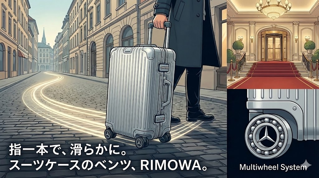 石畳の街並みを指一本で軽快に進むRIMOWA Originalのイラストと、メルセデス・ベンツのロゴが入ったマルチホイールの拡大図。「指一本で、滑らかに。スーツケースのベンツ、RIMOWA。」というキャッチコピー入り。