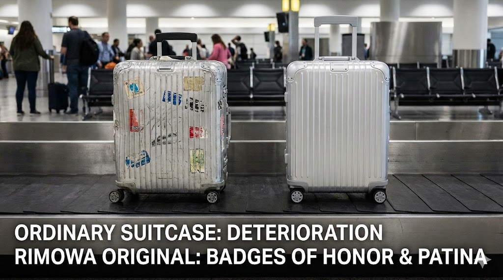 空港の手荷物受取所ターンテーブル上での比較写真。左側は無数の傷、凹み、ステッカーで覆われ使い込まれた銀色のRIMOWA Originalで、下部に「RIMOWA ORIGINAL: BADGES OF HONOR & PATINA(旅の勲章と経年変化)」というテキストがある。右側は新品でピカピカの銀色のRIMOWA Originalで、対比として「ORDINARY SUITCASE: DETERIORATION(普通のスーツケース:劣化)」というテキストが添えられている。