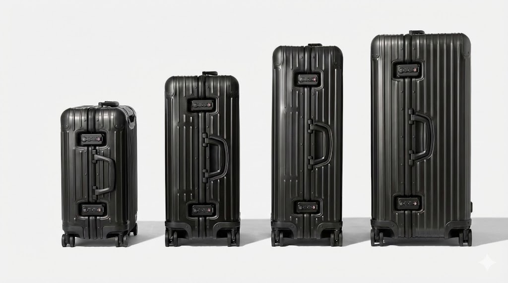 RIMOWA Original ブラックのスーツケース4サイズ(左からキャビン、チェックインM、チェックインL、トランク)が、ロック面を正面にして白い背景の前に並んでいる様子。