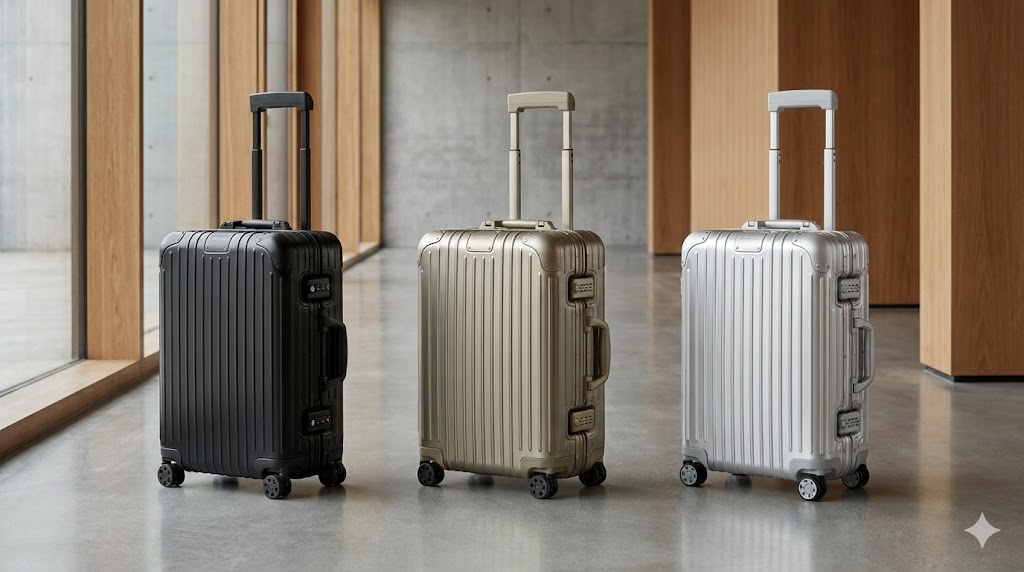 RIMOWA Original（リモワ オリジナル）スーツケースの3色比較画像。左からブラック、チタニウム、シルバーのCabinサイズがモダンな空間に並んでいる様子。