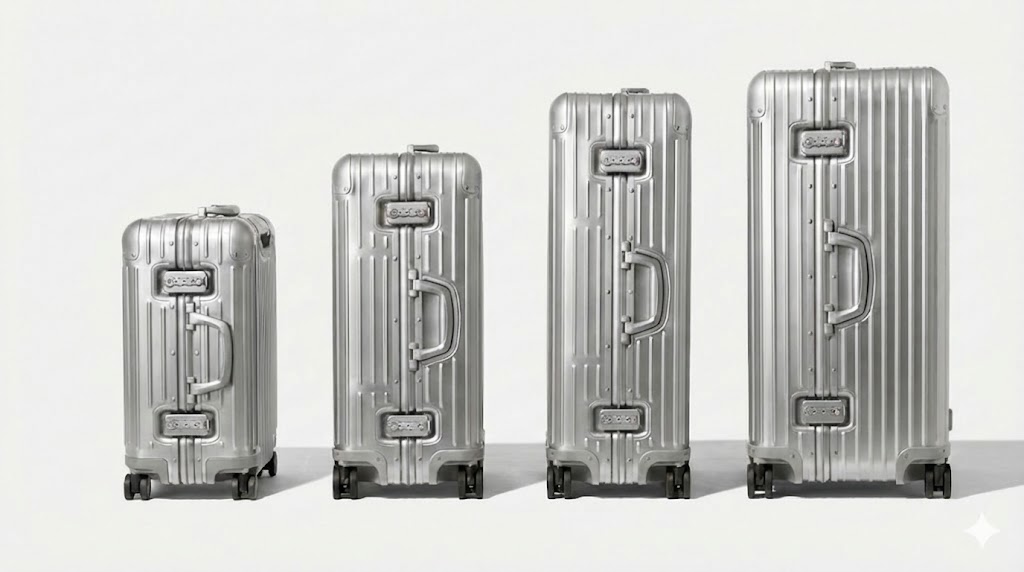 RIMOWA Original シルバーカラーのスーツケース4サイズ(左からキャビン、チェックインM、チェックインL、トランク)が、ロック面を正面にして白い背景の前に並んでいる様子。
