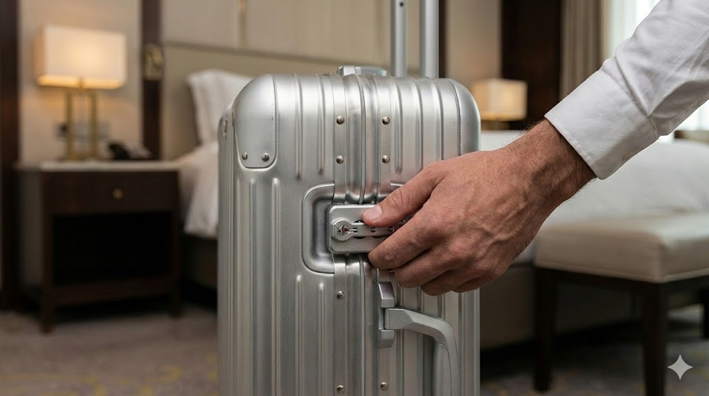 ホテルの部屋で、男性の手がRIMOWA(リモワ)Originalスーツケース(シルバー)の側面にある堅牢なフレーム開閉式ラッチ(TSAロック)を操作しているクローズアップ写真。