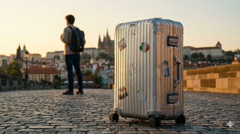 夕暮れ時のヨーロッパの古い石畳の上に置かれた、使い込まれたシルバーのRIMOWA Originalスーツケース。表面全体に多数の凹み、傷があり、古びたトラベルステッカーが複数貼られている。背景にはバックパックを背負った旅行者の後ろ姿と、歴史的な街並みがぼんやりと広がっている。