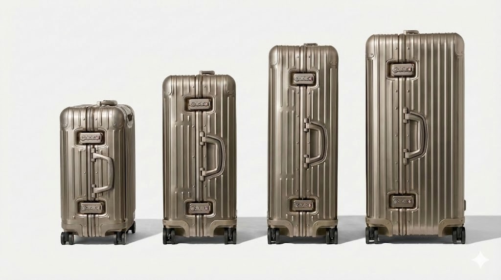 RIMOWA Original チタニウムカラーのスーツケース4サイズ(左からキャビン、チェックインM、チェックインL、トランク)が、ロック面を正面にして白い背景の前に並んでいる様子
