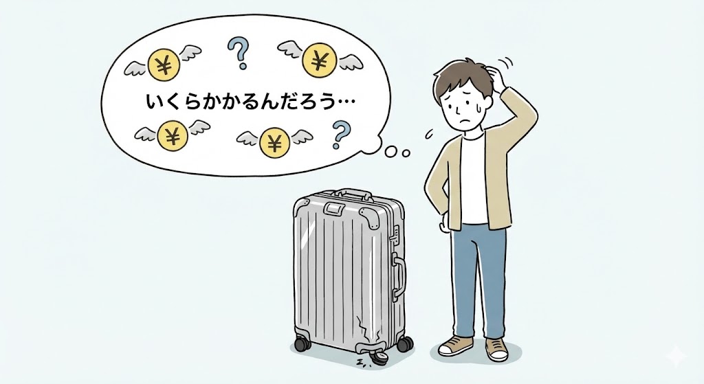RIMOWAのスーツケース修理費用がいくらかかるか不安で頭を抱える男性のイラスト。破損したキャスターの横で「いくらかかるんだろう」という疑問とお金が飛んでいくイメージが描かれている。