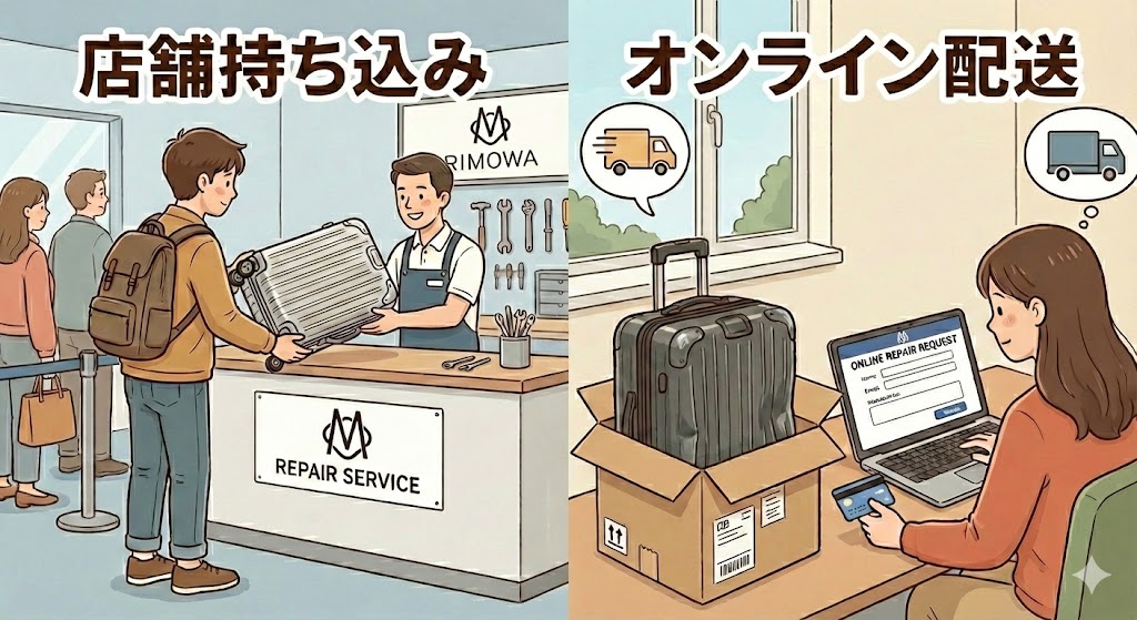 RIMOWAの修理依頼方法を比較したイラスト。「店舗持ち込み」でリペアスタッフにスーツケースを預ける様子と、「オンライン配送」で自宅にて梱包しパソコンで手続きをする様子が左右に並べて解説されている。
