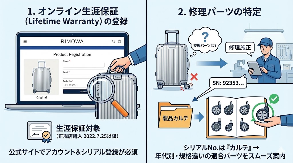 インフォグラフィック『シリアルナンバーが必要になる2つの場面』。左側は『1. オンライン生涯保証(Lifetime Warranty)の登録』。RIMOWA公式サイトの製品登録画面で、Originalスーツケースのシリアルナンバー(SN: 92353...)を虫眼鏡で確認しながら入力する様子。下に『生涯保証対象(正規店購入 2022.7.25以降)』の証書アイコンと、『公式サイトでアカウント&シリアル登録が必須』のテキスト。右側は『2. 修理パーツの特定』。キャスターが壊れたスーツケースを見て『交換パーツは?』と悩むユーザー。修理業者がタブレットでシリアルナンバー(SN: 92353...)を受け取り、『製品カルテ』フォルダから正しいキャスター部品を特定する様子。『修理施正』のフキダシ。下に『シリアルNo.は『カルテ』→年代別・規格違いの適合パーツをスムーズ案内』のテキスト。