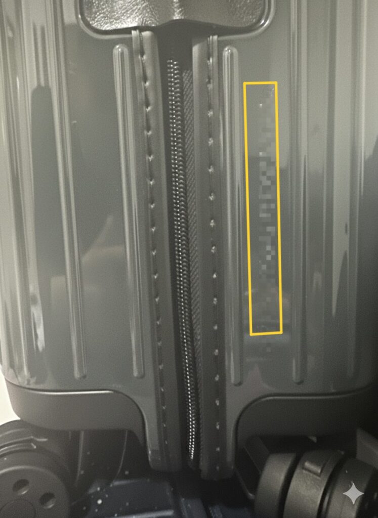 RIMOWAスーツケースのシリアルナンバー(個体識別番号)の刻印場所を示す画像。ボディ側面のヒンジ(蝶番)やファスナー付近に刻印されている数字列が、黄色の枠で強調表示されている。