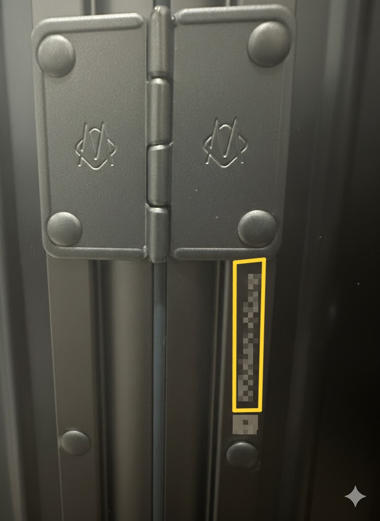 RIMOWAスーツケースのシリアルナンバー(個体識別番号)の刻印場所を示す画像。ボディ側面のヒンジ(蝶番)やフレーム上に刻印されている数字列が、黄色の枠で強調表示されている。