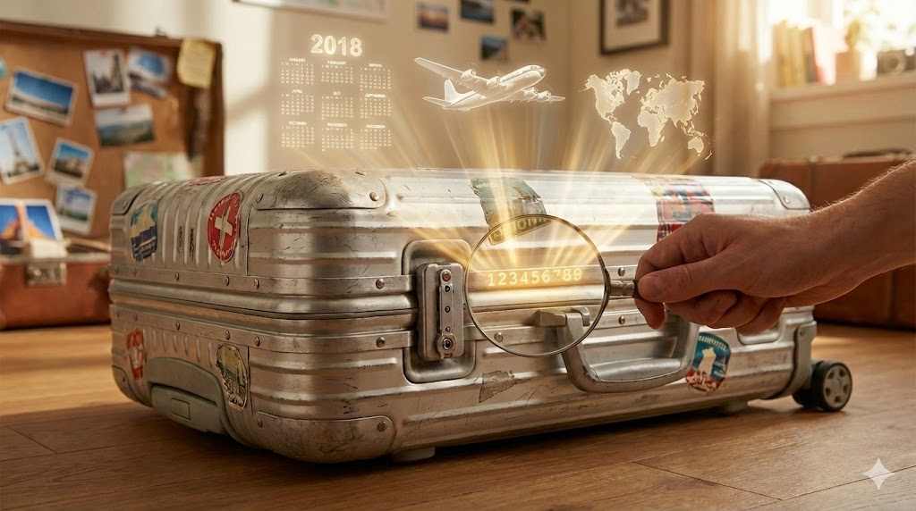 ステッカーが貼られ使い込まれたRIMOWAアルミスーツケースの側面。人の手が虫眼鏡でシリアルナンバー『123456789』を拡大している。そのナンバーから金色の光が放たれ、空中に『2018』年のカレンダー、飛行機、世界地図のホログラム映像が浮かび上がっている。背景は旅行の写真などが飾られた温かみのある部屋。