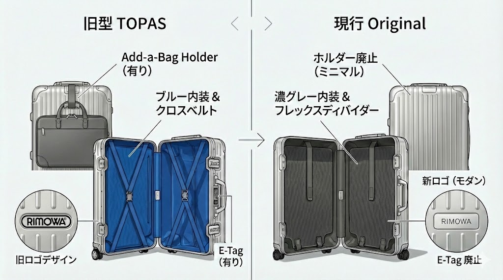 RIMOWAの旧型スーツケース『TOPAS』と現行モデル『Original』の仕様比較イラスト。左側のTOPASはバッグホルダー有り、ブルー内装とクロスベルト、旧ロゴ、E-Tag有りが特徴。右側のOriginalはホルダー廃止でミニマルに、濃グレー内装とフレックスディバイダーに変更、新ロゴ、E-Tag廃止となっている。