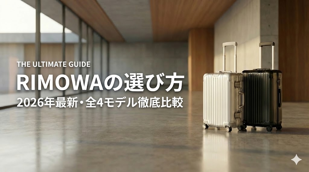 「THE ULTIMATE GUIDE RIMOWAの選び方 2026年最新・全4モデル徹底比較」というタイトル文字と、モダンな空間に並ぶシルバーとブラックのリモワスーツケース（オリジナルとエッセンシャル）。