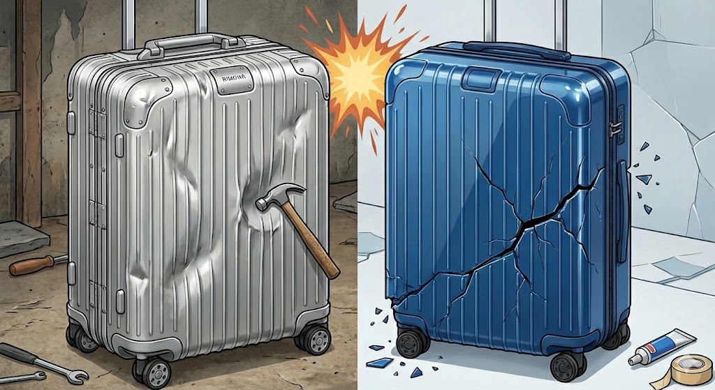 RIMOWAのスーツケースの素材による壊れ方の違いを比較したイラスト。左側はアルミ製(Original)で、強い衝撃を受けてベコベコに凹んでいるが形は保っている。右側はポリカーボネート製(Essential)で、衝撃によりボディが大きく割れて亀裂が入り、修理が困難な状態が描かれている。