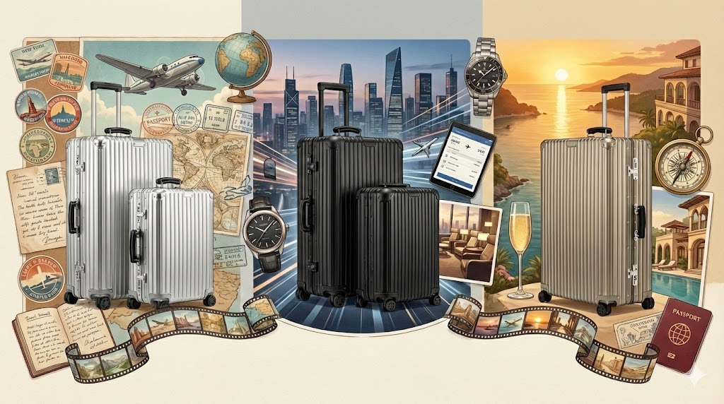 RIMOWA Classic(リモワ クラシック)の全3色と、それぞれの色が持つ旅のスタイルを表現したコラージュイラスト。左側はシルバーのスーツケース2サイズと、ヴィンテージな地図や飛行機で『育てる楽しみ』を表現。中央はマットブラックのスーツケース2サイズと、近代的な都市のスカイラインやビジネスアイテムで『都会的&ビジネス』を表現。右側はチタニウムのスーツケース1サイズと、高級リゾートの夕暮れやシャンパンで『ラグジュアリー&差別化』を表現しています。