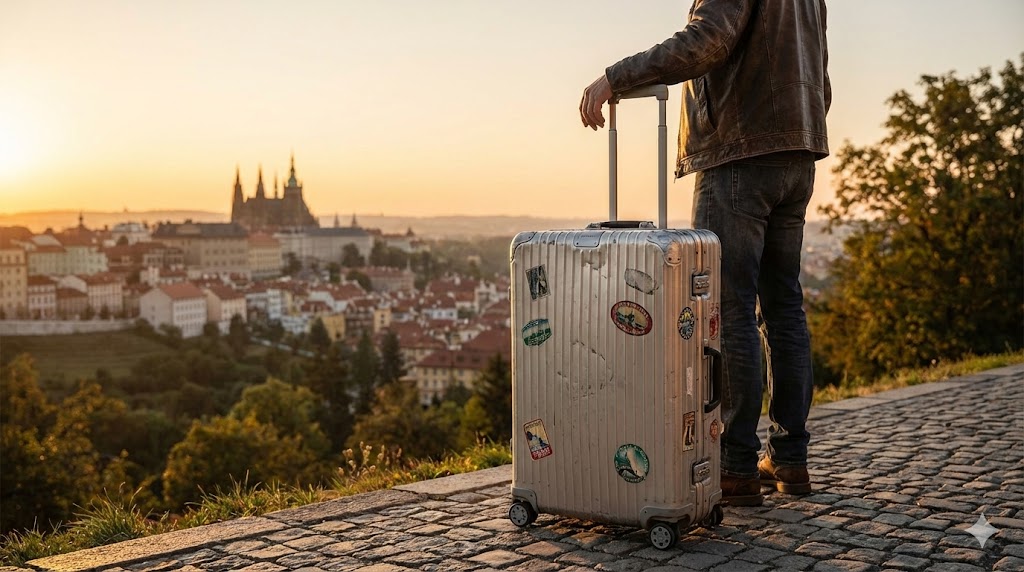 夕暮れのプラハの街並みを見下ろす高台で、無数のステッカーと傷が刻まれた、使い込まれたアルミ製RIMOWAスーツケース（クラシックモデル）のハンドルに手をかけて立つ男性の後ろ姿。
