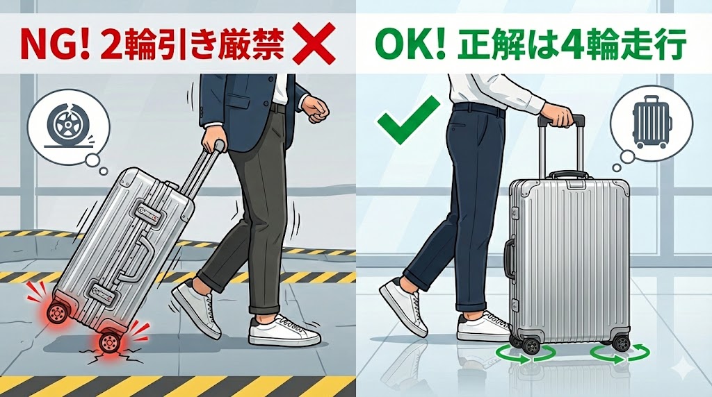 イラストによるRIMOWA Classic(リモワ クラシック)の正しい走行方法の解説。左側は『NG! 2輪引き厳禁』と赤字で示され、スーツケースを斜めに引くことで小ぶりなホイールハウジングに過度な負荷がかかり、亀裂が入るリスクを警告しています。右側は『OK! 正解は4輪走行』と緑字で示され、4輪すべてを接地させて体の横でスマートに押す、推奨される正しい使い方を解説しています。