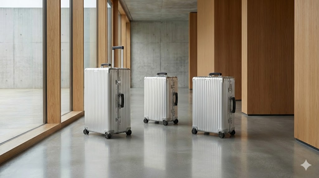 コンクリートと木の壁で構成されたモダンな空間に、サイズが異なる3つのRIMOWA Classic(シルバー)スーツケースが並んでいる。左端の大きなケースはテレスコープハンドルが伸びた状態。床は光沢のあるコンクリート。