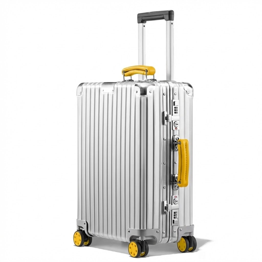 RIMOWA Classic(リモワ クラシック)のシルバーアルミニウム製スーツケース。トップとサイドのレザーハンドル、および4つのホイールキャップが鮮やかな黄色(イエロー)にカスタマイズされています。白背景のスタジオ撮影。