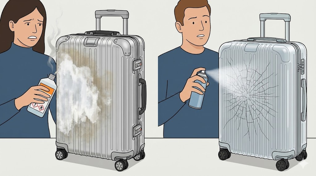 強力なステッカー剥がし液の使用によりアルミ製RIMOWAの表面が白く濁り変色している様子（左）と、不適切な防水スプレーの使用によりポリカーボネート製RIMOWAに細かいひび割れ（ケミカルクラック）が発生している様子（右）の比較イラスト。