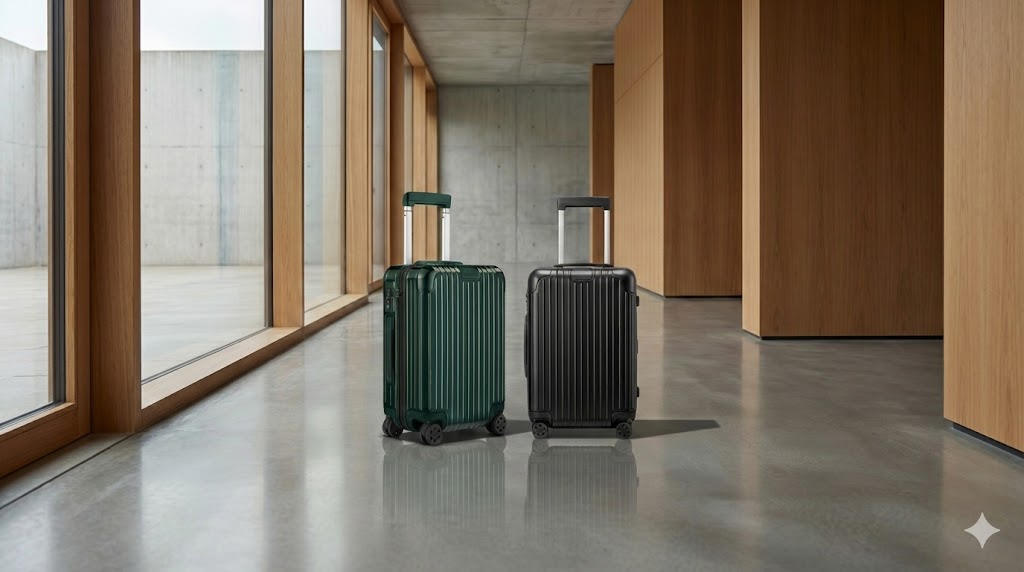 モダンな建築空間のコンクリート床に並んで置かれた、RIMOWA Essential Cabin Plus(グリーン)とEssential Cabin(ブラック)。テレスコープハンドルを伸ばした状態で、ポリカーボネート製の光沢あるボディが窓からの自然光を反射している。