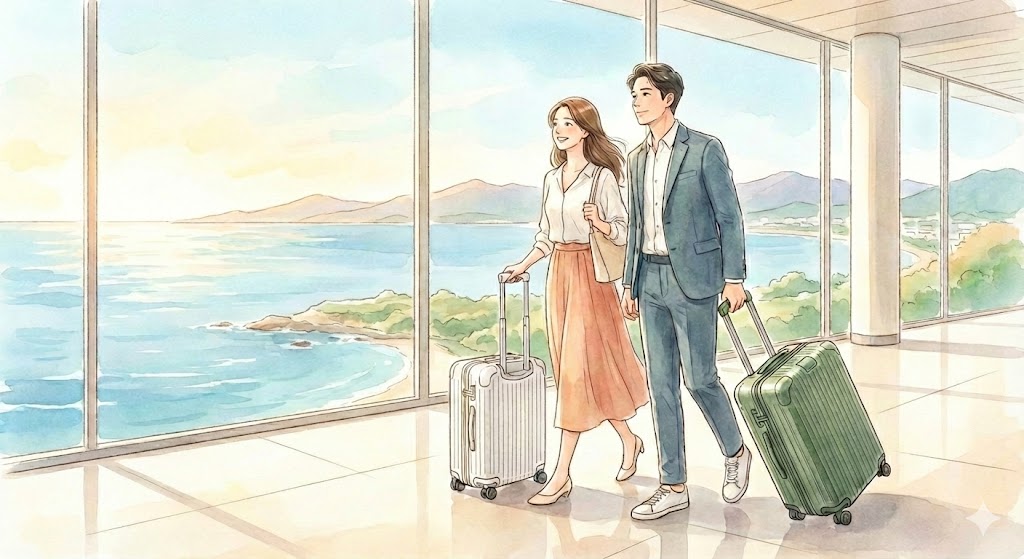 海が見える空港のターミナルを、笑顔で並んで歩くカップルの水彩画風イラスト。女性は白いRIMOWA Essential Cabinを、男性は緑のRIMOWA Essential Check-In Lを、それぞれ4輪で軽快に引いている。窓の外にはリゾートの景色が広がり、新しい旅への期待感と、エッセンシャルによるストレスフリーな移動が表現されている。