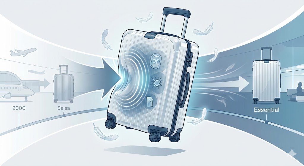 RIMOWA Essential(エッセンシャル)スーツケースのイラスト。ポリカーボネート素材が衝撃を受けて凹み、柔軟に復元する様子と、軽さを象徴する羽根が周囲に描かれている。背景には2000年の「Salsa」から現在の「Essential」への進化を示すタイムラインがある。