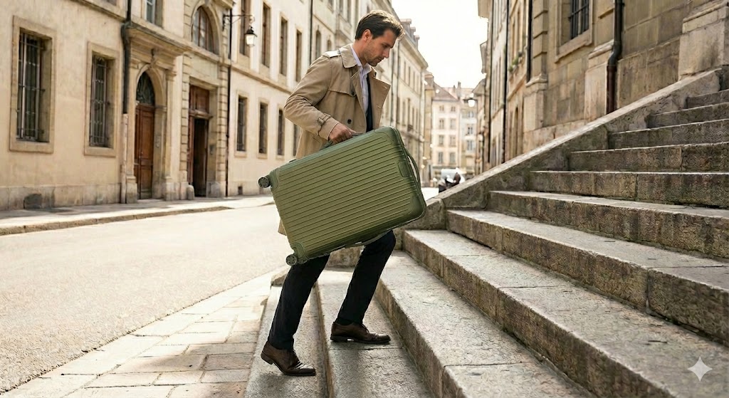 ヨーロッパの石段で、男性が緑色のRIMOWAエッセンシャルスーツケースのサイドハンドルのみを片手で持ち、負荷がかかった状態で階段を上がっている様子。これはポリカーボネート製スーツケースのハンドル根本に過度な負荷がかかり、破損の原因となるため避けるべき持ち方の例として示されている。