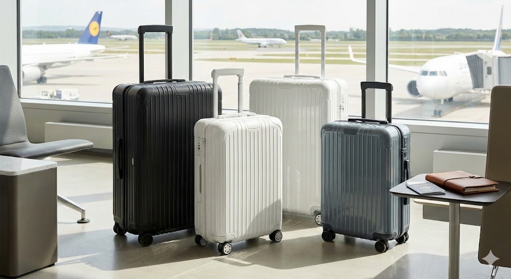 空港ラウンジの大きな窓際に並ぶ、サイズと色が異なる4台のRIMOWA Essential(エッセンシャル)スーツケース。背景には飛行機が見える。