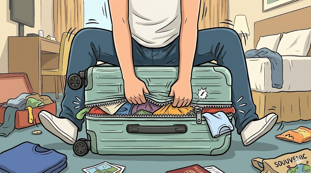 パンパンに荷物が詰まったRIMOWAエッセンシャルスーツケースの上に座り、全体重をかけて無理やりジッパーを閉めようとしている人物のイラスト。ジッパー部分が波打ち、中の衣類がはみ出しており、ボディとジッパーの柔軟性を示しつつも、過度なパッキングへの注意を喚起する様子がコミカルに描かれている。