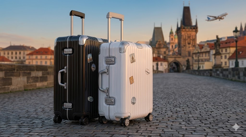 夕暮れ時のヨーロッパの石畳(プラハのカレル橋)の上に並んで佇む、RIMOWA Hybridのブラックとホワイトのスーツケース。どちらもテレスコープハンドルが引き伸ばされ、ボディには旅の記憶を示すステッカーが複数貼られている。使い込まれたアルミフレームの質感と、背景の歴史ある街並み、空を飛ぶ飛行機が、長年の信頼できる旅の相棒としての風格を強調している。