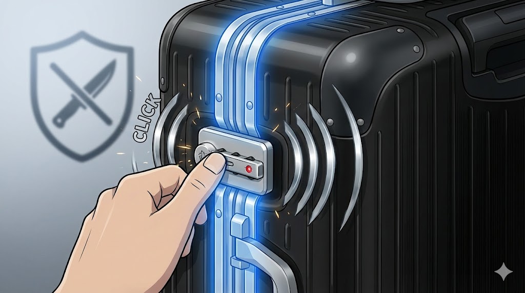 RIMOWA Hybridスーツケースのフレームにあるラッチロックを閉める様子のイラスト。手がレバーを押し込むと、青く発光するフレームから「CLICK」という文字と共に金属的な音の波紋と火花が広がり、強固にロックされたことを強調している。背景にはナイフを交差させた盾のアイコンが浮かび、ファスナー切り裂き盗難に対する高い防犯性と安心感を示唆している。
