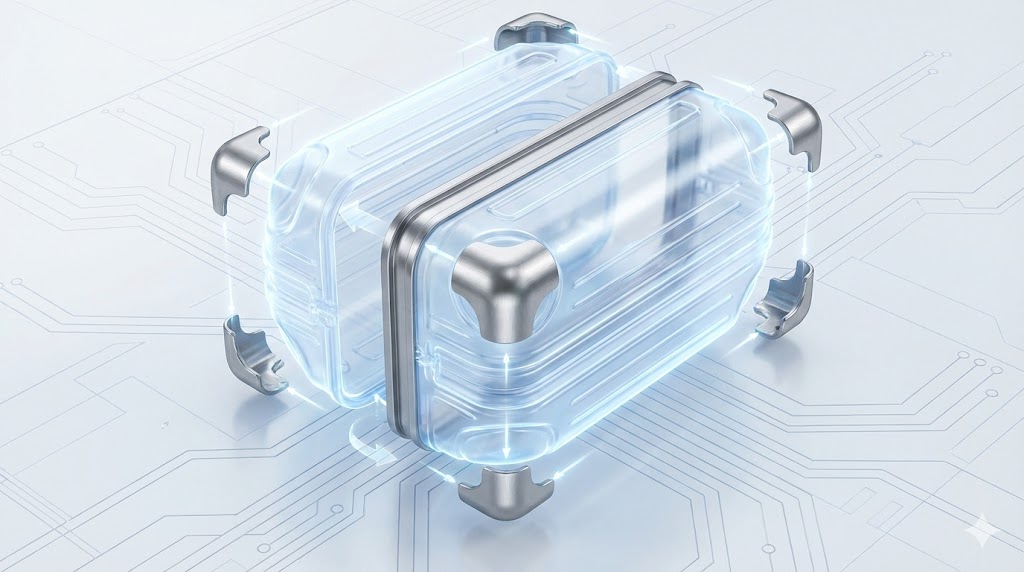 RIMOWA Hybridスーツケースの構造を示した図解イラスト。透明な青い光を放つポリカーボネート製のボディ本体に対し、衝撃を受けやすい四隅(コーナー)と中央のフレーム部分に、銀色に輝く強靭なアルミニウム合金パーツが結合する様子が描かれている。背景はテクノロジーを感じさせる回路図パターン。