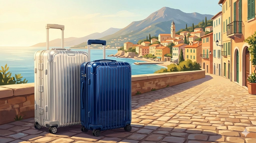 ヨーロッパの海岸沿いの石畳に並んで置かれた、RIMOWA（リモワ）のシルバーのアルミニウム製スーツケースと、光沢のあるブルーのポリカーボネート製スーツケースの風景。