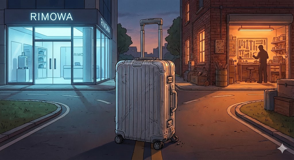 夜のY字路の中央に、キャスターが破損した傷だらけの銀色RIMOWAスーツケースが置かれているイラスト。左側の道は青く光る現代的なRIMOWA公式クライアントケアの店舗へ、右側の道は暖色系の光が漏れるレトロな街の非公式修理工房へと続いており、修理依頼先の選択肢を象徴している。