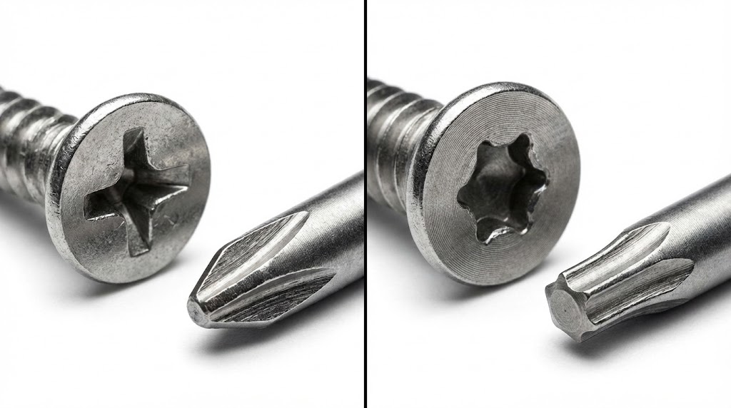 左側は一般的なプラスネジ(+)とドライバーの先端、右側はRIMOWAのスーツケースに使用されている星型のトルクスネジ(ヘクスローブ)と専用ドライバーの先端を比較したマクロ写真。リモワの修理には特殊な工具が必要であることを示している。