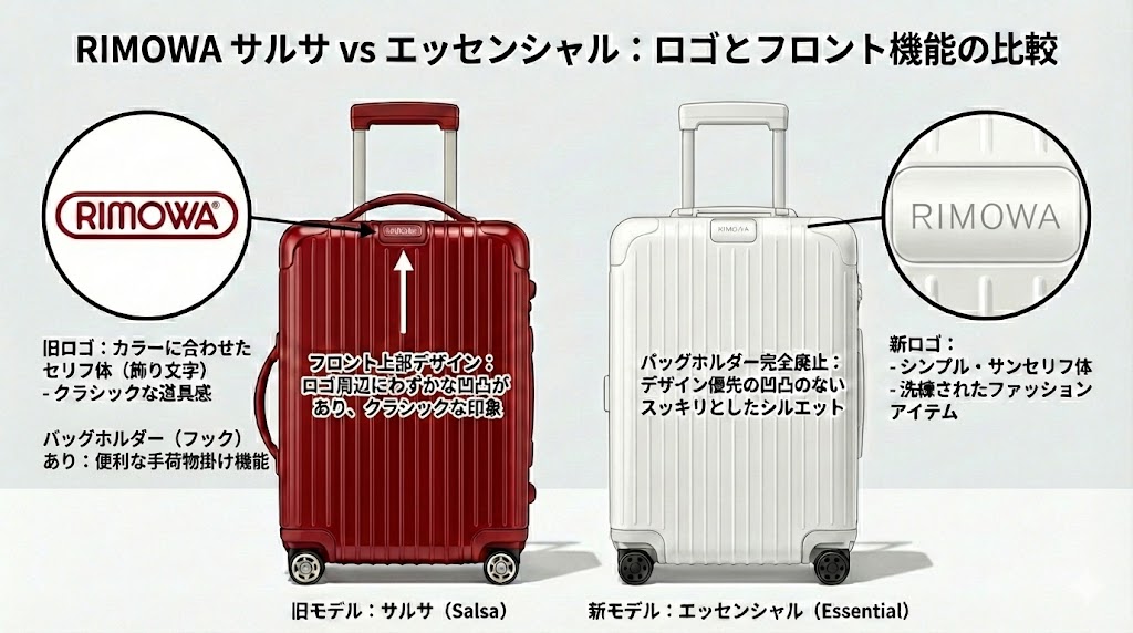 RIMOWAの旧モデル「サルサ(Salsa)」と新モデル「エッセンシャル(Essential)」の比較図解。ロゴデザインがクラシックなセリフ体からモダンなサンセリフ体へ変更された点と、フロントのバッグホルダー(手荷物フック)機能が廃止された違いを詳細に説明している。