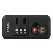 RIMOWA(リモワ)のポリカーボネート製スーツケース「SALSA(サルサ)」の黒いTSAダイヤルロック。左側に「SALSA」のロゴ、中央に3桁のダイヤル、右側に赤色の菱形マークが入ったTSA鍵穴がある。